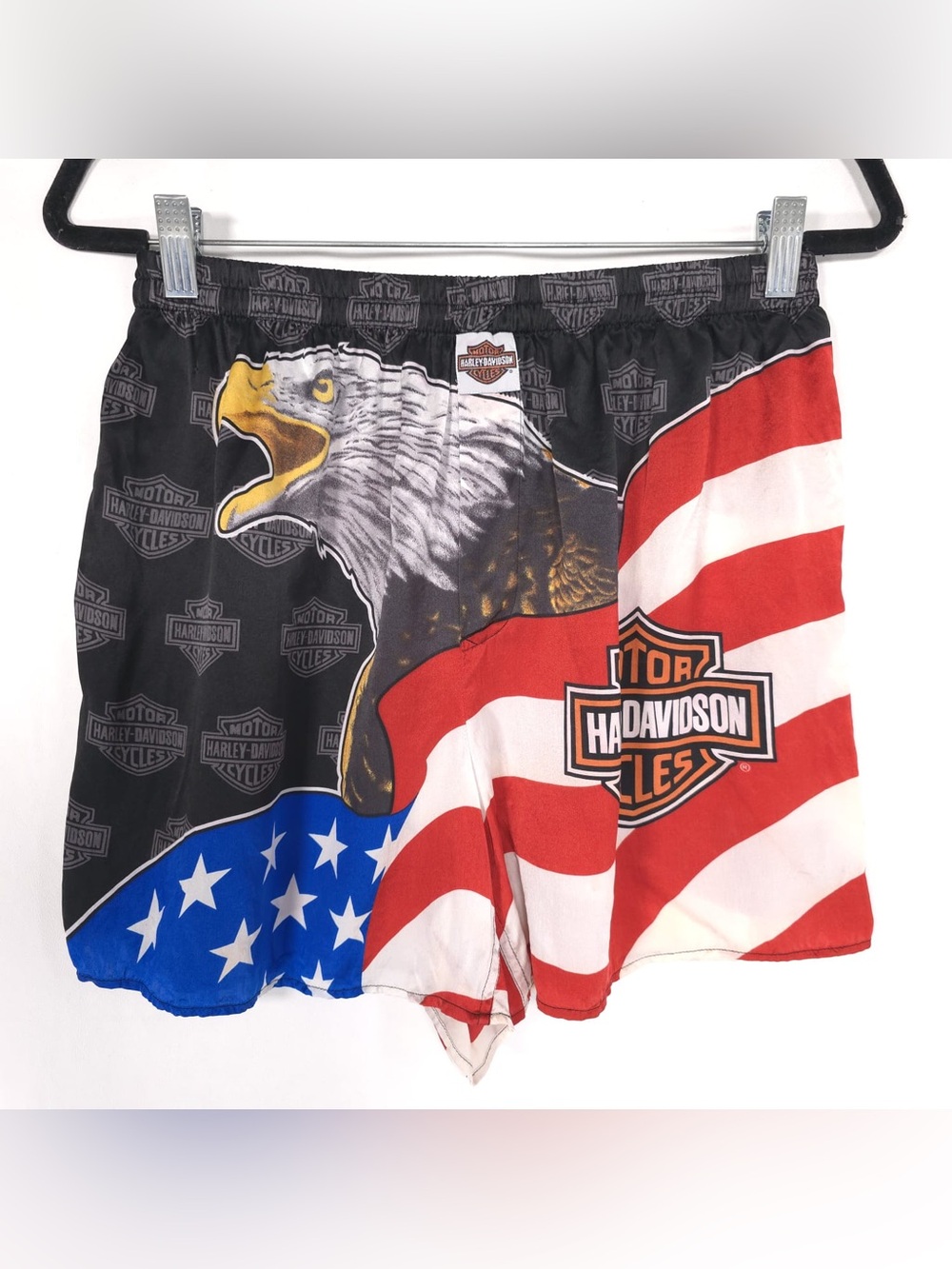 HARLEY DAVIDSON 100% SILK Red White Blue Eagle USA Flag Shorts Boxer Briefs RARE